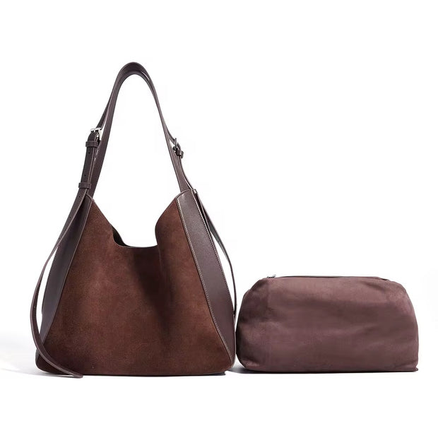 Leather suede shoulder tot bag